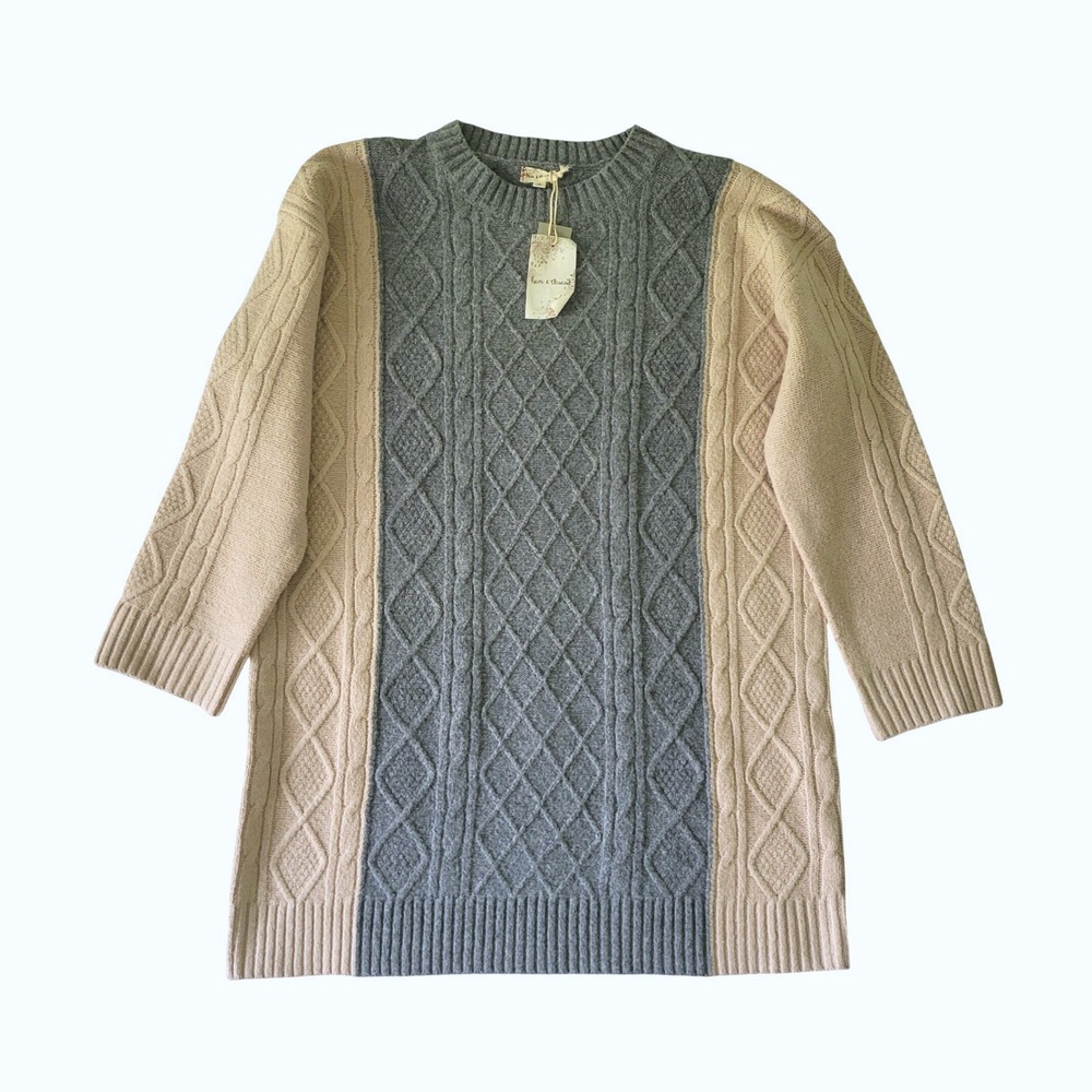 Hem & Thread Cableknit Sweater Womens Medium Gray Beige Oversized Cozy New
